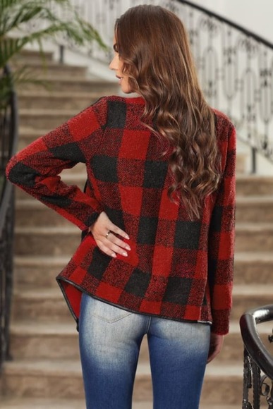 Buffalo Plaid Shawl Collar Jacket in Red - Picture 3 of 4